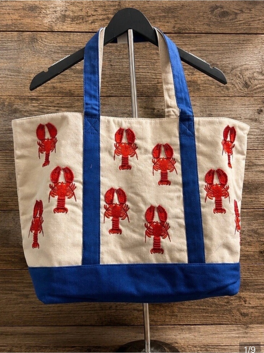 Canvas Lobster Tote Bag in Cream and Blue
